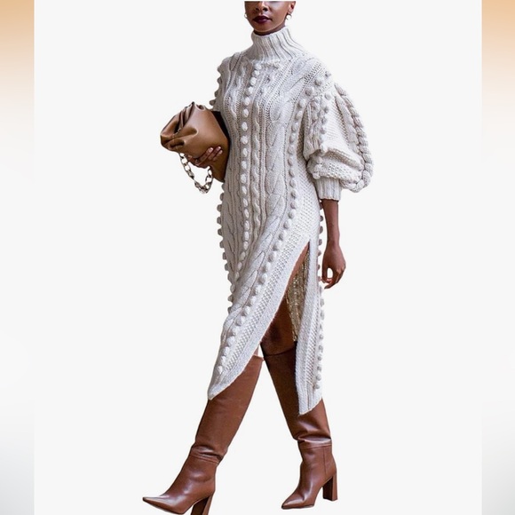Elegant Cream Cable Knit Sweater Dress - Picture 2 of 5